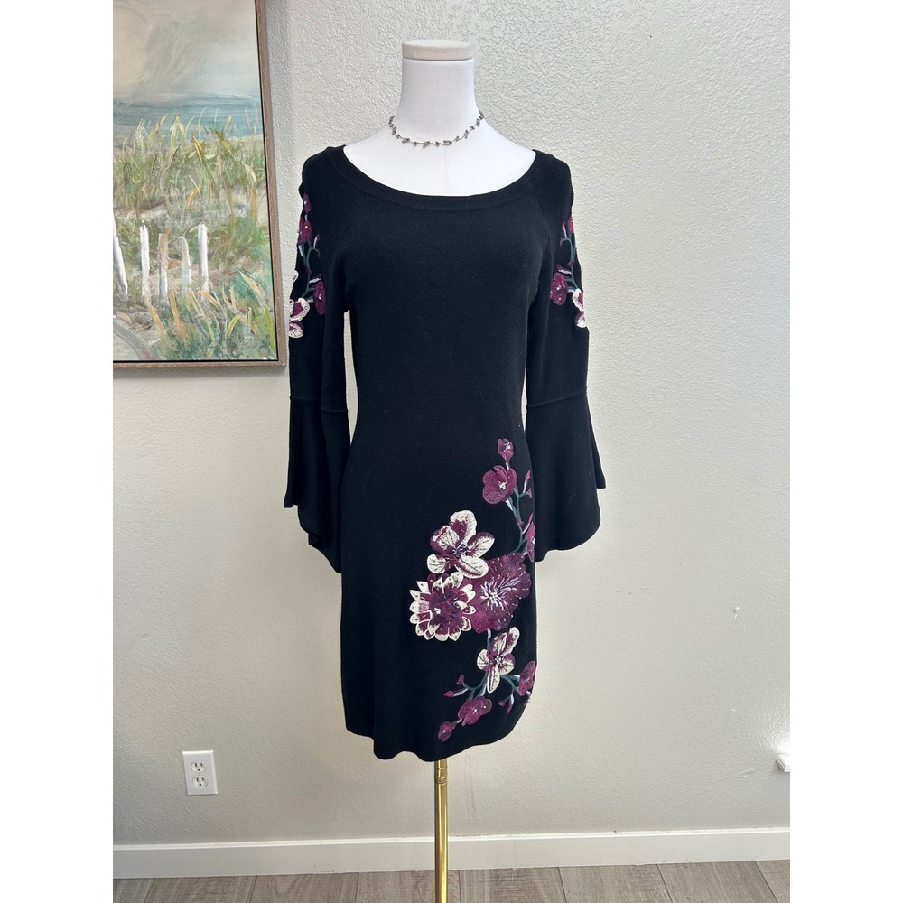 INC International Concepts Floral Embroidered Bell Sleeve Sweater Dress Black S